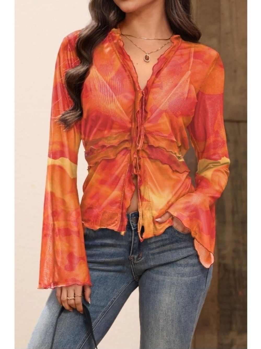 Women’s Orange Tie-Front Ruffle Mesh Top